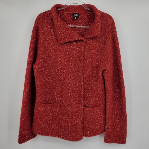 Eileen Fisher Jackets & Blazers - Eileen Button Front Cardigan Jacket Womens Medium Red Boucle Pockets